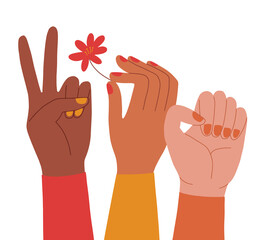 Female group. Women's hands set. Fist raised up. Girl Power. Feminism. Postcard or poster print design. Vector illustration