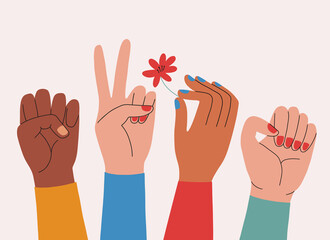 Female group. Women's hands set. Fist raised up. Girl Power. Feminism. Postcard or poster print design. Vector illustration