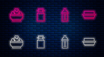 Set line Can container for milk, Baby bottle, Cottage cheese and Butter butter dish. Glowing neon icon on brick wall. Vector