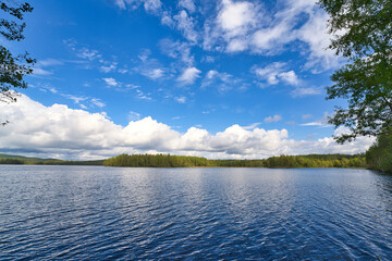 beautiful swedish lake in summertime with clouds