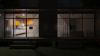 Illuminated Kitchen View from the Backyard at Night 3D Rendering