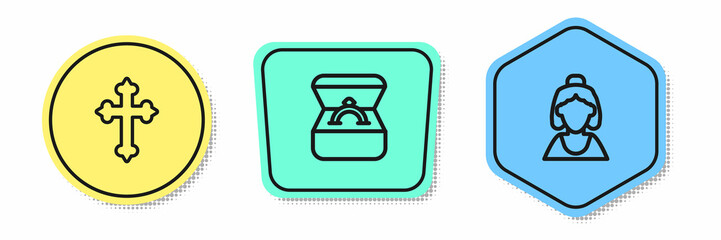 Set line Christian cross, Diamond engagement ring in box and Consultant of jewelry store. Colored shapes. Vector