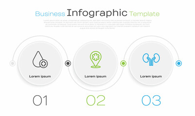 Set line Donate drop blood, Location hospital and Human kidneys. Business infographic template. Vector