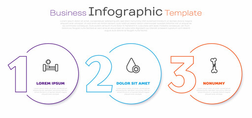 Set line Hospital bed, Donate drop blood and Human broken bone. Business infographic template. Vector