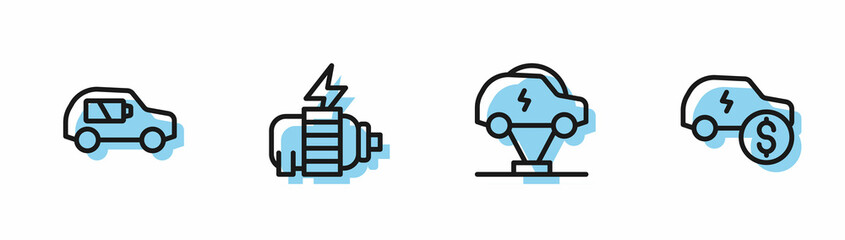 Set line Electric car, motor and price icon. Vector