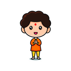 Hindu boy character in traditional Indian outfits praying on Diwali.