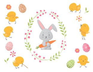 Happy Easter Bunny Rabbit Egg Chick Flower Floral Wreath Elements for Holiday Cards and Banners