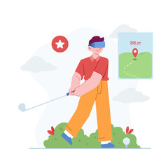 Virtual Reality concept vector Illustration idea for landing page template, cyberspace experience, digital dimension simulated illusion, golf sport gaming, augmented 3d,Hand drawn Flat Style