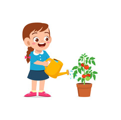 cute little girl stand and watering tomato tree - obrazy, fototapety, plakaty