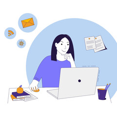Woman looks at a laptop at home. Vector illustration 