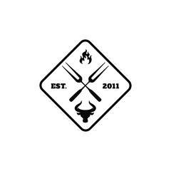 barbeque logo. Fork and fire logo. Bull head silhouette. Steak house logo stamp