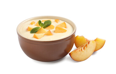 Delicious yogurt with fresh peach and mint on white background