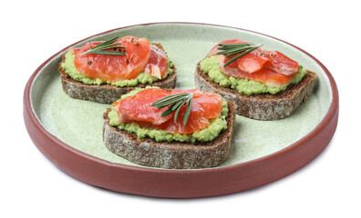 Delicious sandwiches with salmon, avocado and rosemary on white background