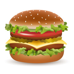 Vector realistic classic American hamburger Cheeseburger with a salad with tomato, Cebula, ox, seem and seem with black on white background. Fast food - obrazy, fototapety, plakaty