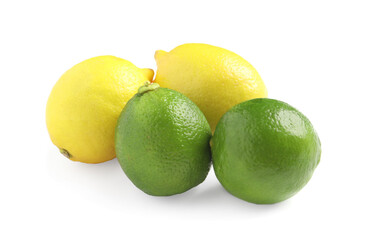 Fresh ripe lemons and limes on white background
