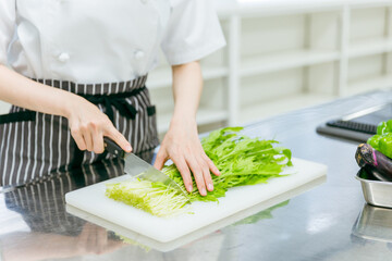 キッチンで野菜を切る女性（顔なし）

