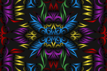 seamless colourful caleidoscope gradient flower art pattern of indonesian traditional tenun batik ethnic dayak ornament for wallpaper ads background sticker or clothing