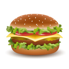 Vector realistic classic American hamburger Cheeseburger with a salad with tomatoes, cheese, on white background. Fast food
