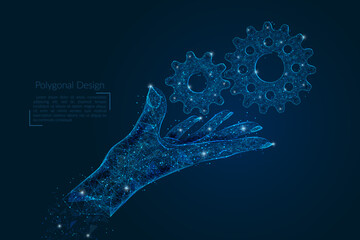 Abstract isolated image of human hand with cogwheels. Polygonal low poly style illustration looks like stars in the blask night sky in spase or flying glass shards.