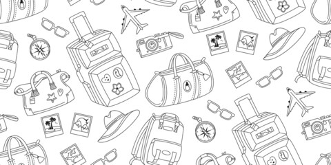 Travel seamless pattern vacation doodle journey drawn line scrapbook wrapper. Vintage camera, glasses photo, luggage suitcase compass, plane trendy design. Holiday baggage cartoon endless background