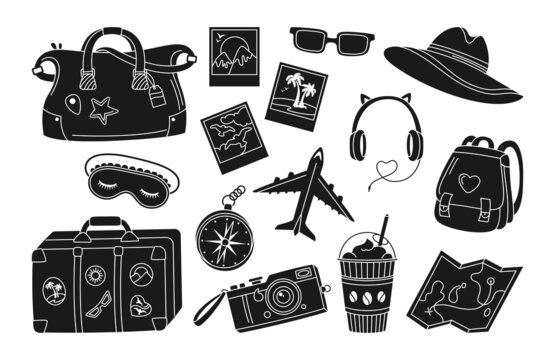 Travel or vacation journey printing stamp set. Vintage camera, sleep mask, luggage suitcase headphones plane trendy stencil. Summer sunglasses hat, holiday flat glyph kit diary memory scrapbook vector