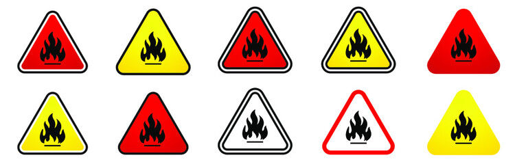 Triangle yellow fire warning signs. Set icons. Vector illustration