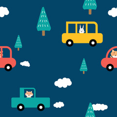 cute car for kid with animal riding in blue background seamless pattern for print or fabric