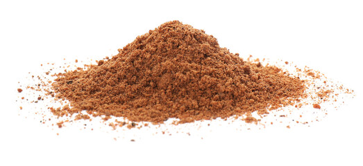 Heap of nutmeg powder on white background