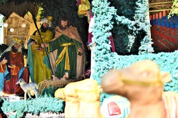 Three Kings. The Three Wise Men visit the baby Jesus in a manger