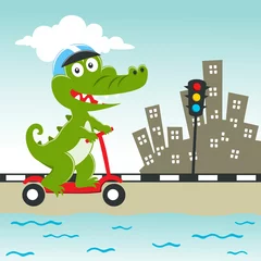 Fotobehang Cute crocodile kid riding a kick scooter. Funny vector illustration. Creative vector childish background for fabric, textile, nursery wallpaper, poster, card, brochure. and other decoration. © Hijaznahwani