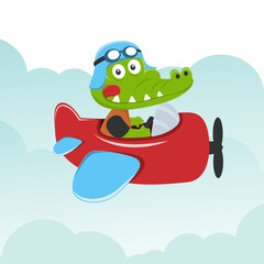 Fototapeta na wymiar Cartoon illustration of cute crocodile flying in an airplane, Creative vector childish background for fabric, textile, nursery wallpaper, poster, card, brochure. and other decoration.