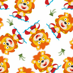 Seamless pattern of cute lion Swimming with a buoy. Animal cartoon concept isolated. Can used for t-shirt, greeting card, invitation card or mascot.