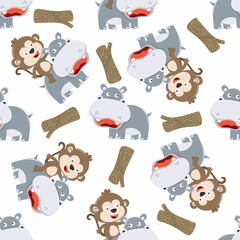 Seamless pattern of cute hippo and monkey playing together funny animal cartoon, Creative vector childish background for fabric textile, nursery wallpaper, brochure. and other decoration.