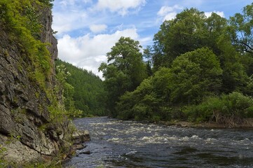 Mountain river valley. Wild, untouched nature of the Ussuri taiga. Habitat ffor the Amur tiger and Asian black bear. National park Bikin. Zeva river. Primorsky Krai, far East, Russia.