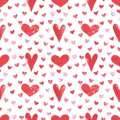 Seamless pattern red heart stamp imprint. Symbol of love, Valentine's day. Perfect print for wrapping paper, scrapbooking, party background, textile, fabric.