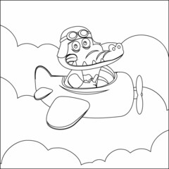 Cartoon illustration of cute crocodile flying in an airplane, Trendy children graphic with Line Art Design Hand Drawing Sketch Vector illustration For Adult And Kids Coloring Book.