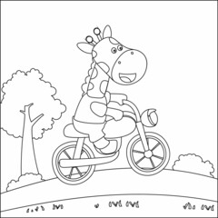 Vector illustration of cute giraffe ride a motorcycle, Trendy children graphic with Line Art Design Hand Drawing Sketch Vector illustration For Adult And Kids Coloring Book.