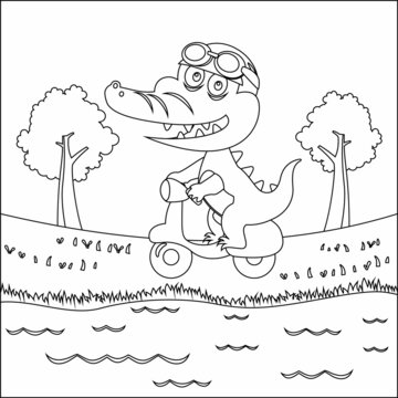 Vector illustration of cute crocodile riding a scooter, Trendy children graphic with Line Art Design Hand Drawing Sketch Vector illustration For Adult And Kids Coloring Book.