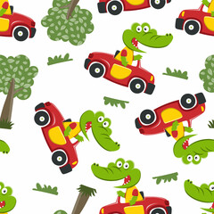 Fototapeta premium Seamless pattern of cute little crocodile driving a car go to forest funny animal cartoon,vector illustration. Vector illustration. T-Shirt Design for children. Design elements for kids.
