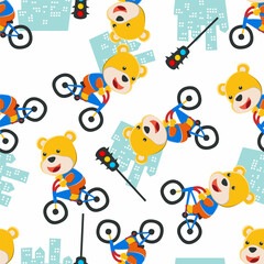 Fototapeta na wymiar Seamless pattern of happy crocodile ride a motorcycle, Trendy Creative vector childish background for fabric, textile, nursery wallpaper, poster, card, brochure. and other decoration.