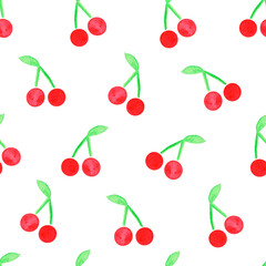 Cherry. Seamless pattern. Watercolor illustration. Isolated on a white background. For your design.