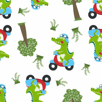 Seamless pattern of cute crocodile riding a scooter. Funny vector illustration. Creative vector childish background for fabric textile, nursery wallpaper, brochure. and other decoration.