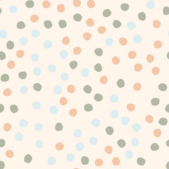 Seamless pattern with hand drawn circles. Abstract geometric pattern with gray, blue and orange circles. Random, chaotic pastel background with cute bubbles.