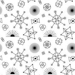 Celestial pattern background. Seamless sacred astrology texture with sun, moon and black cosmic geometric shapes