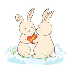 Rabbit giving gift box Valentine day cartoon poster. Romantic surprised bunny or cute hare draw character mascot. Vector design love festive illustration, template postcard or childish banner, card