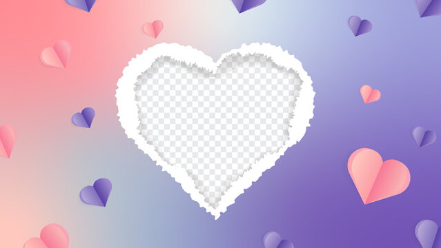 Background design with a romantic gradient color that provides an empty heart-shaped space to insert photos, advertisements, or photos with scattered paper cut hearts