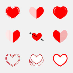 Collection of heart images. Love symbols icons set. Heart is inner essence of person. Kind heart symbolizes nobility and compassion. Red and white objects group. Romantic elegant design elements.