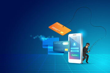 Phishing scam, hacker attack. Hacker online phishing credit card password from user account on digital device and smartphone..Cyber security awareness concept.