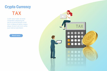 Bitcoin and tax payment on crypto currency investment. Business man and woman with 3D bitcoin with calculator calculate tax revenue rate. Crypto investment tax and digital stock market trading.