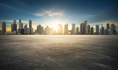 Cityscape with empty tarmac floor. sunset scene. Image composite